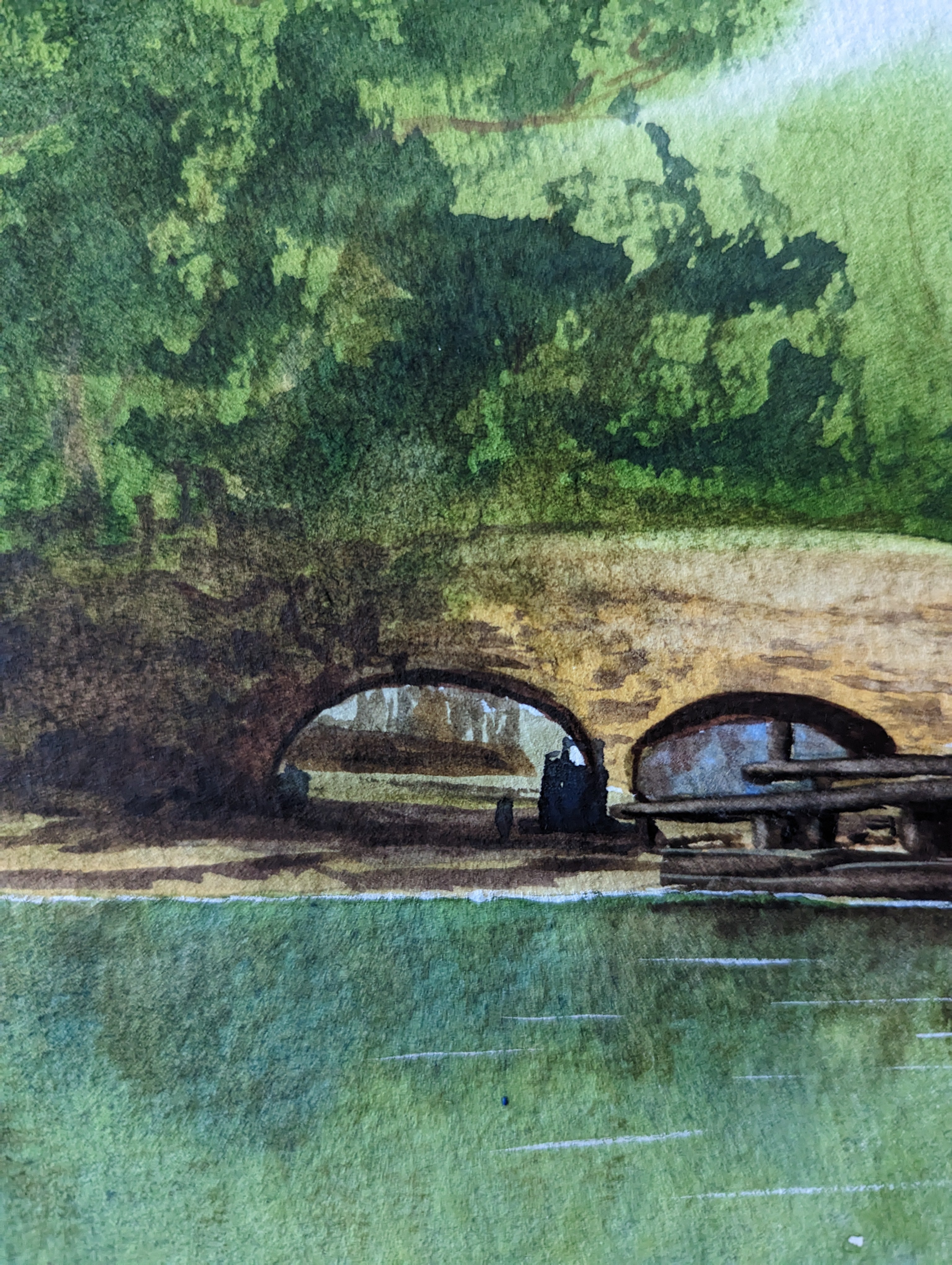 Original watercolour painting of Birmingham canals in spring with narrowboat and ducks, Georgian canal network