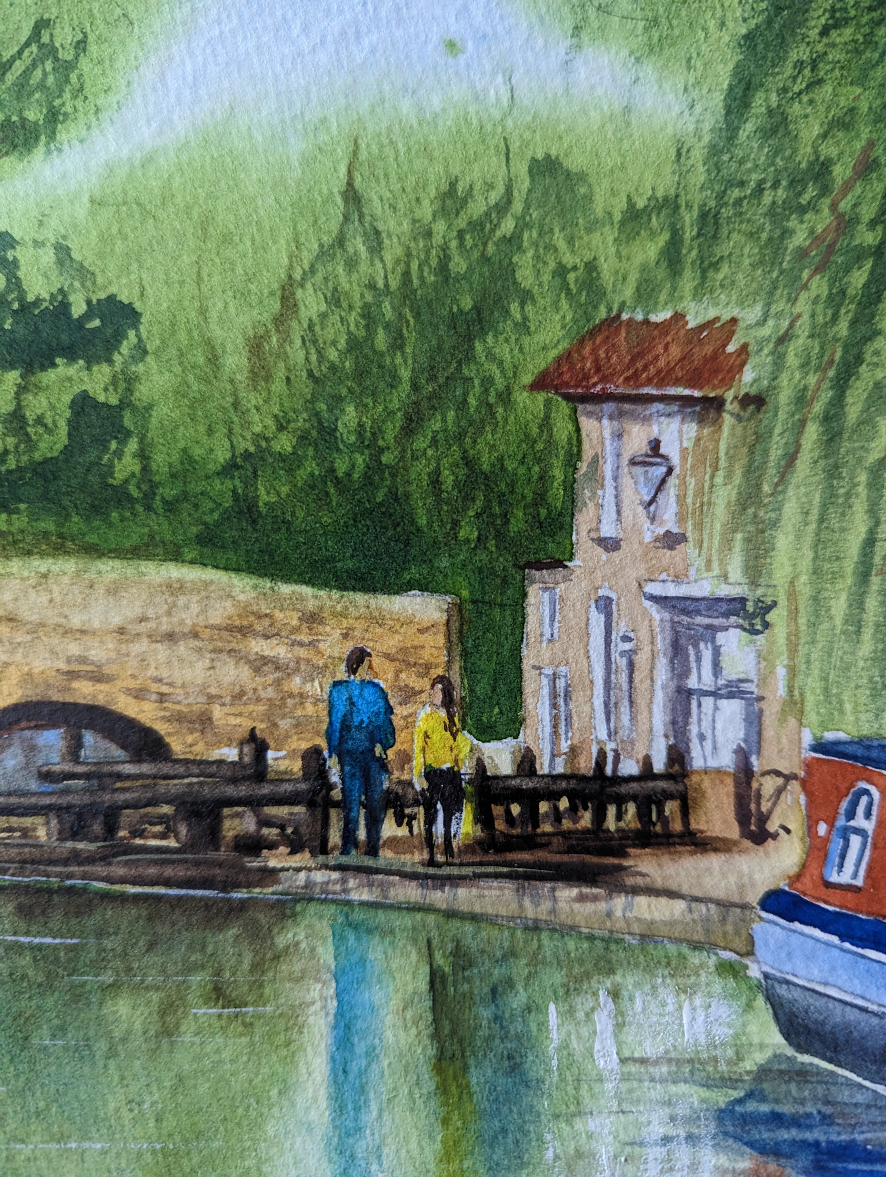 Watercolor painting of a couple by a lock on a canal with a building and boat in the background. Original watercolour painting of Birmingham canals in spring with narrowboat and ducks, Georgian canal network