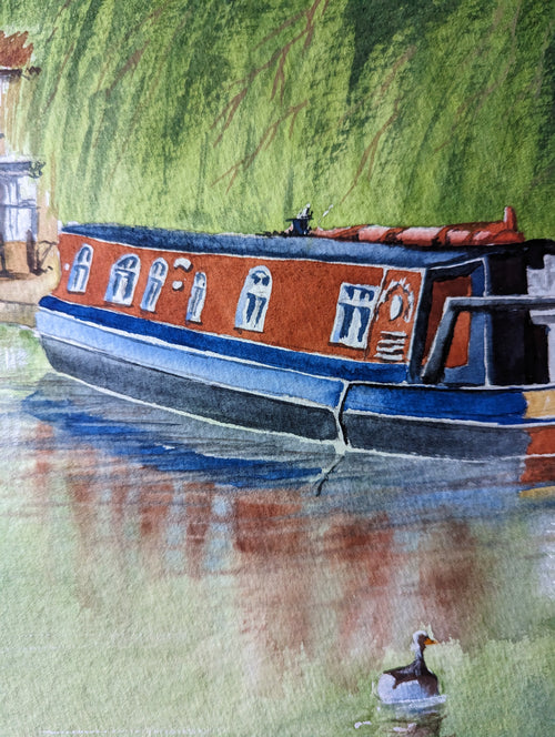Watercolor painting of a canal boat with a duck in the foreground. Original watercolour painting of Birmingham canals in spring with narrowboat and ducks, Georgian canal network