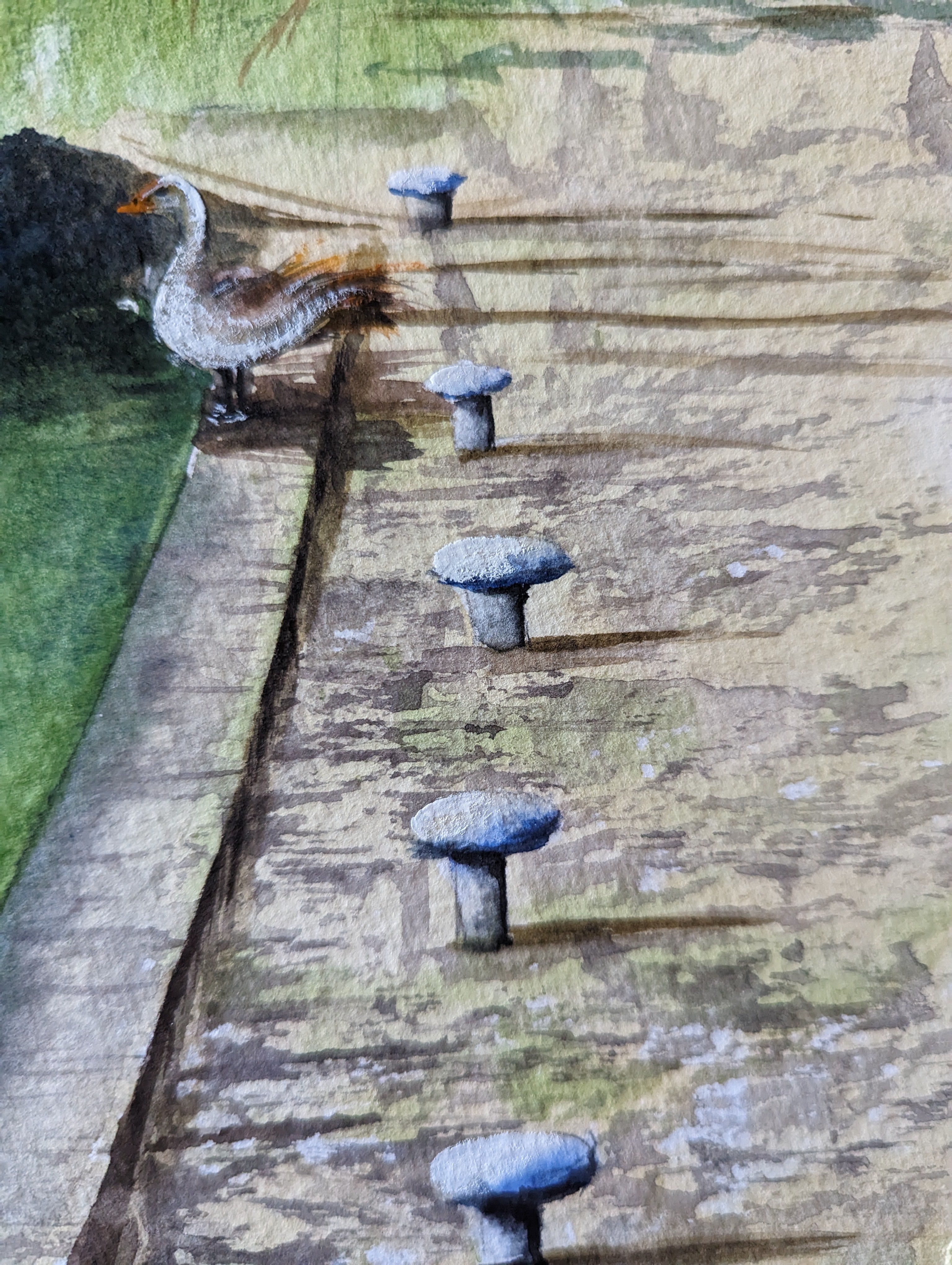 Artistic depiction of a swan on water with mushroom-like objects and a  grassy area. Original watercolour painting of Birmingham canals in spring with narrowboat and ducks, Georgian canal network