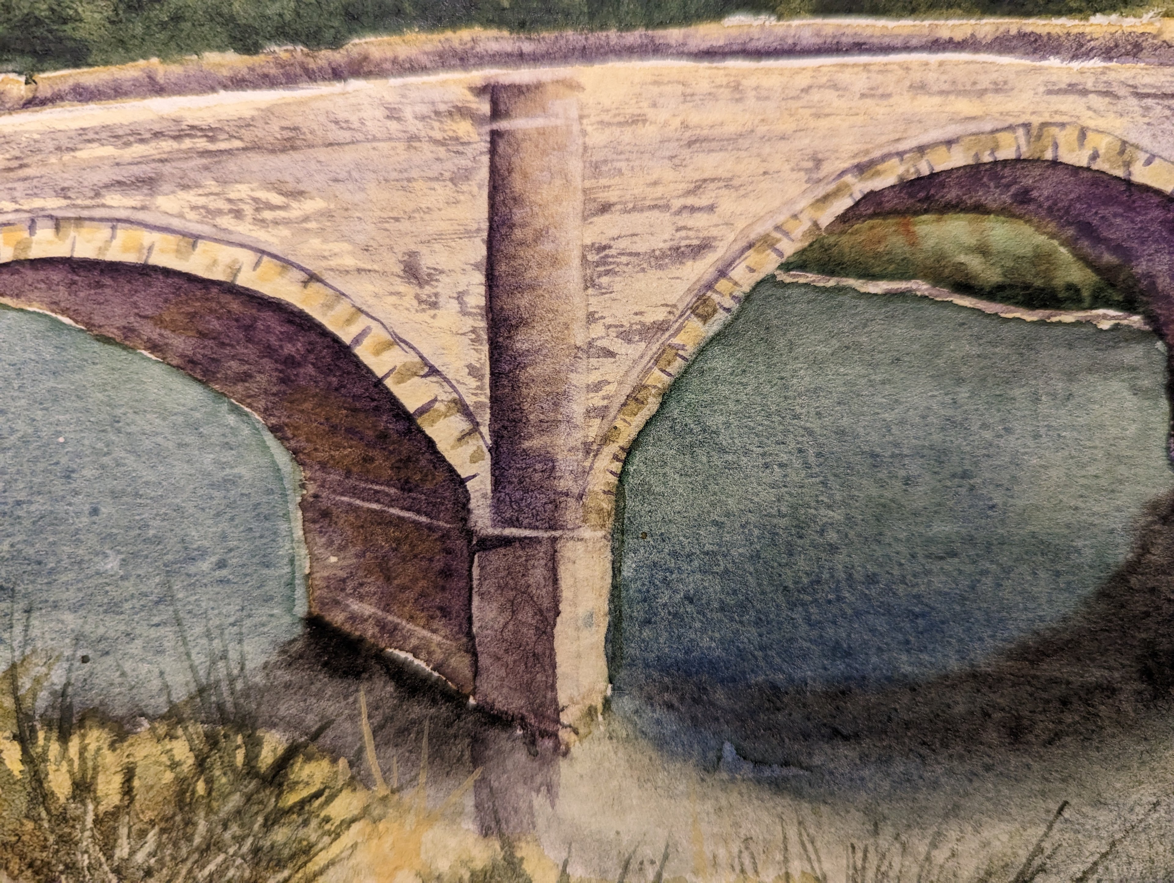 Close-up detail of Ludlow Castle and Dinham Bridge limited edition print - castle and river bridge, expressive watercolour brushwork by Marta Stolarska