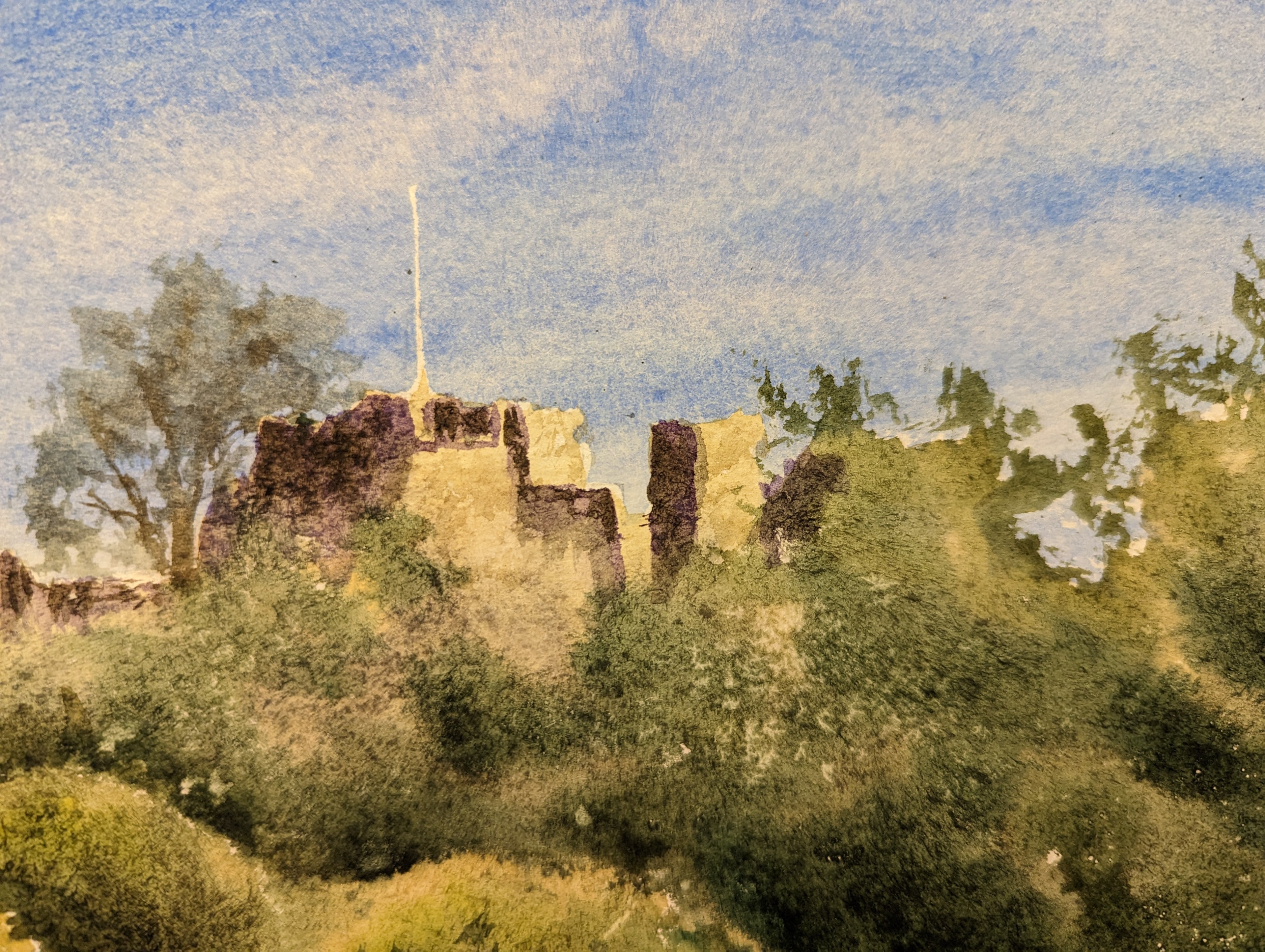 Detail of Ludlow Castle with Dinham Bridge print - stone walls and bridge in the Welsh Marches landscape, limited edition of 50 by Marta Stolarska Fine Art