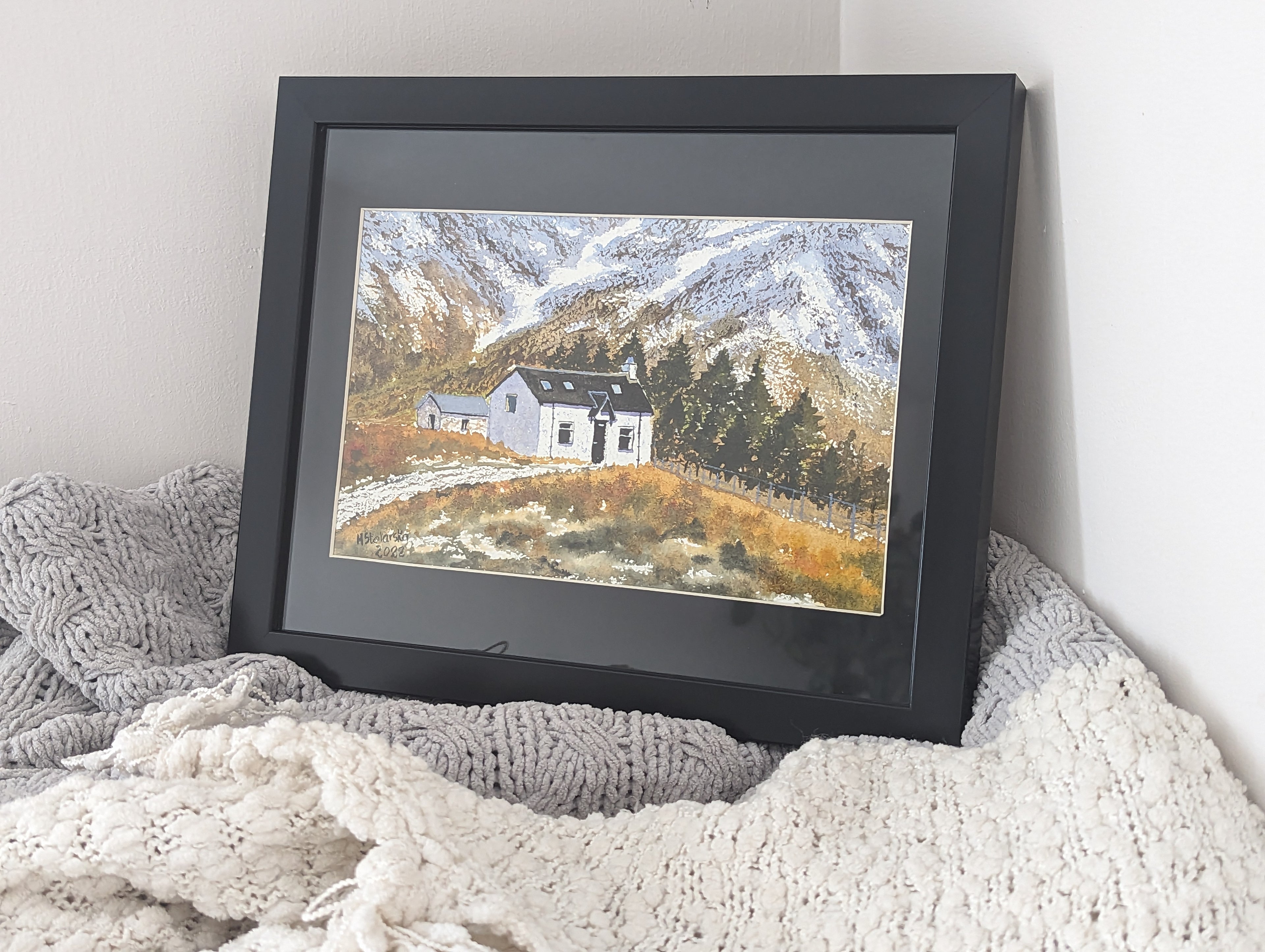 Original watercolour painting of Lagangarbh Cottage Glencoe in autumn, snow-capped Buachaille Etive Mor behind, framed