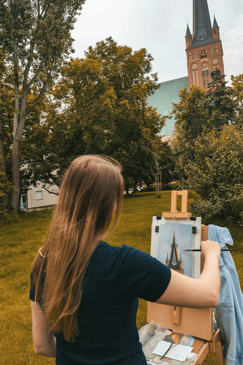 Marta Stolarska painting a church spire en plein air outdoors, brush in hand at an easel