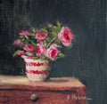 Painting of a vase with pink flowers on a dark background. Original oil painting of patio roses, soft pink roses in a garden pot moved into indoor setting by Marta Stolarska Fine Art