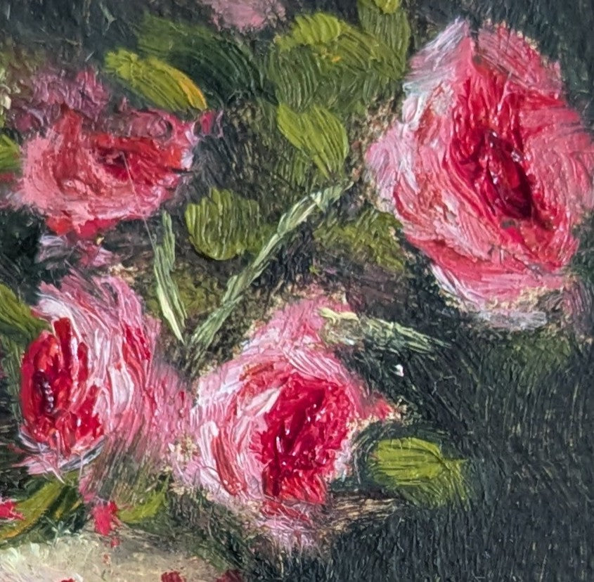 Close-up of pink roses with green leaves on a textured background. Painting of a vase with pink flowers on a dark background. Original oil painting of patio roses, soft pink roses in a garden pot moved into indoor setting by Marta Stolarska Fine Art