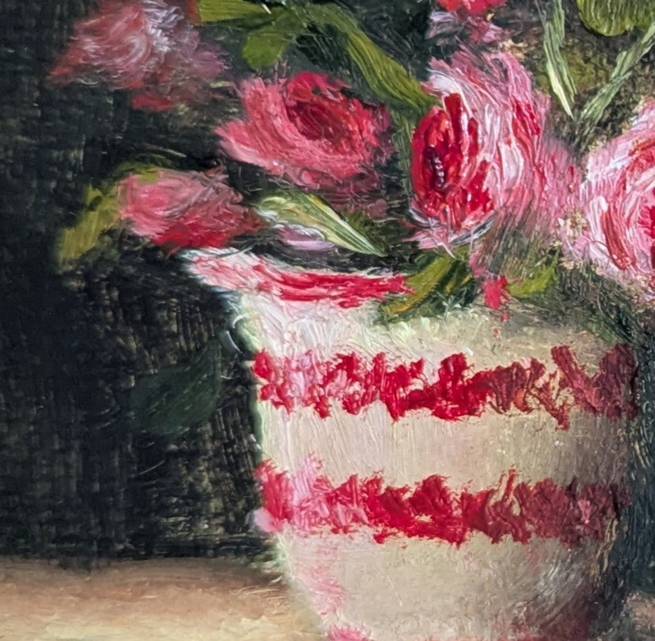 Painting of a vase with pink flowers on a dark background. Original oil painting of patio roses, soft pink roses in a garden pot moved into indoor setting by Marta Stolarska Fine Art