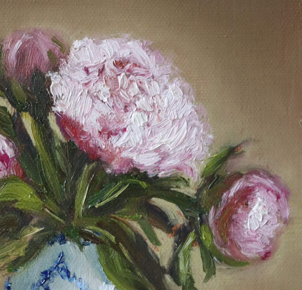 Original oil painting of five pink peonies in a white vase with blue design, at different stages of bloom