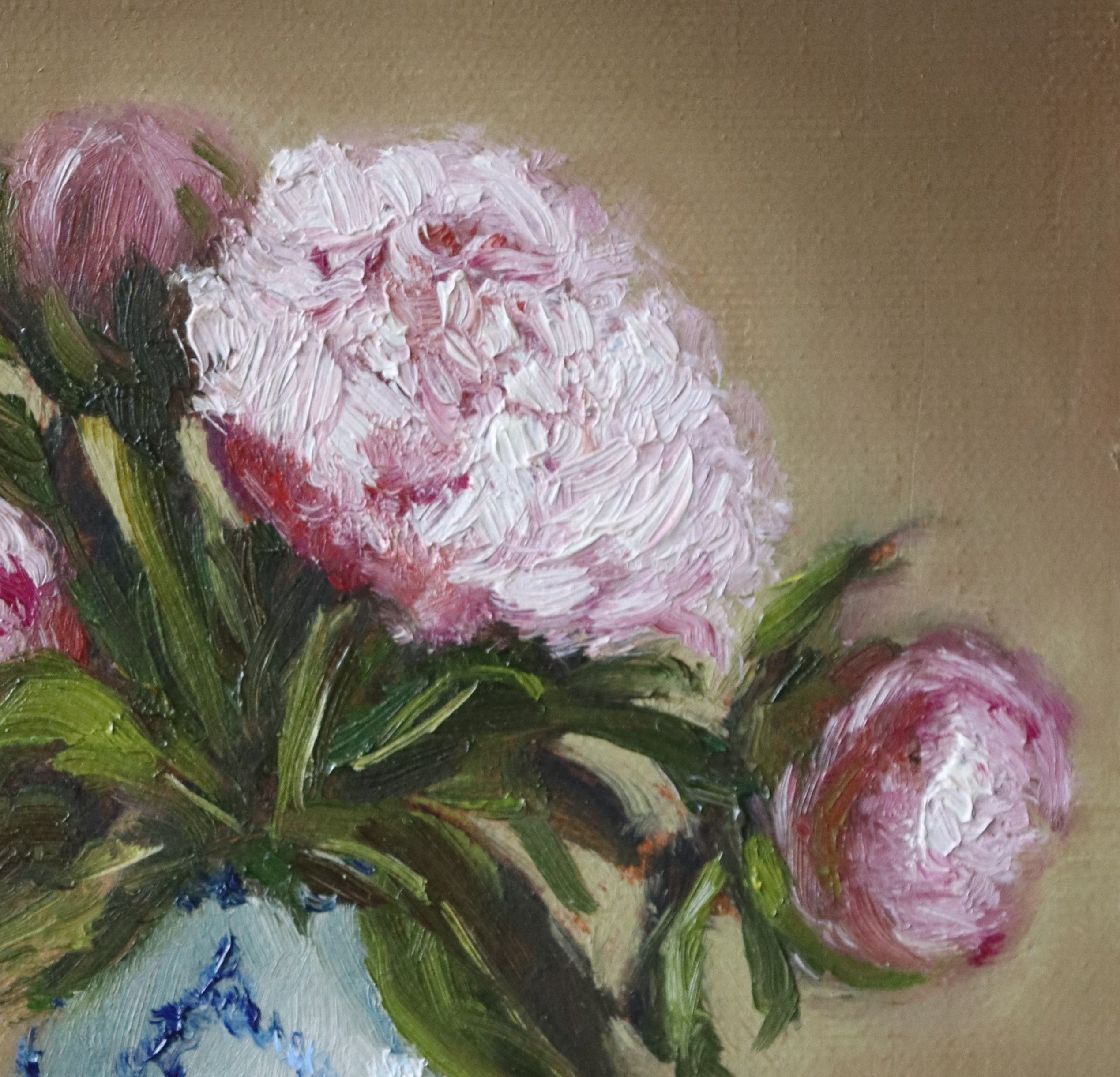 Original oil painting of five pink peonies in a white vase with blue design, at different stages of bloom