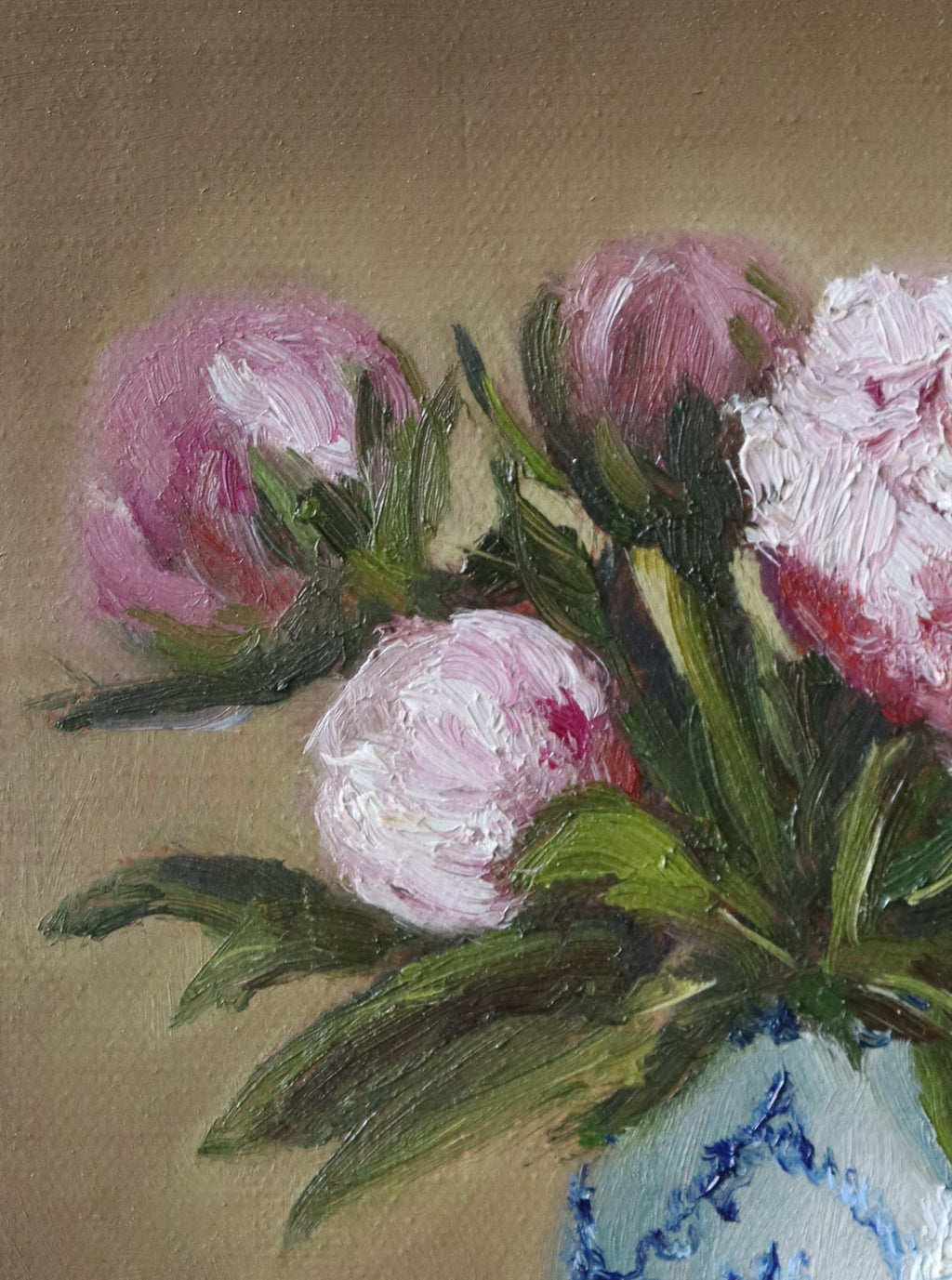 Original oil painting of five pink peonies in a white vase with blue design, at different stages of bloom