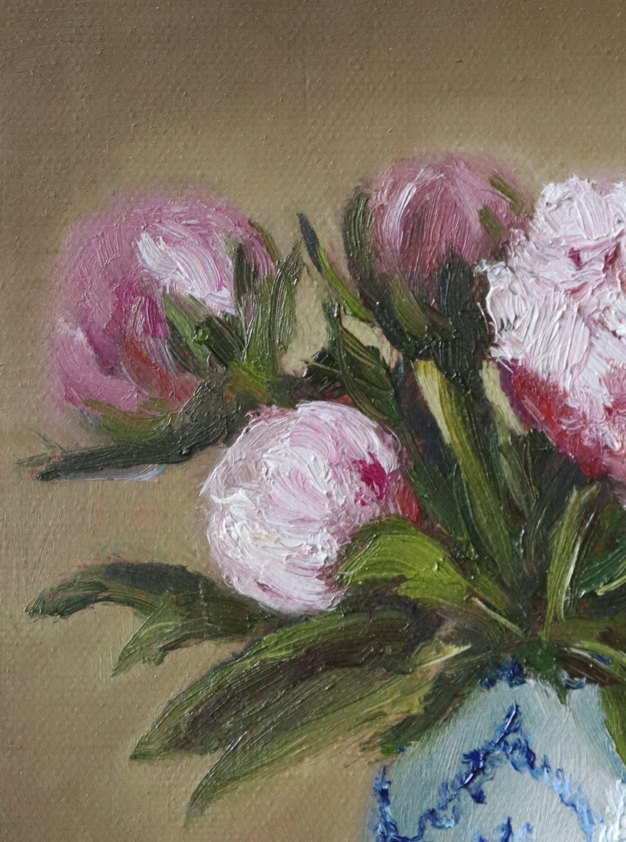 Original oil painting of five pink peonies in a white vase with blue design, at different stages of bloom