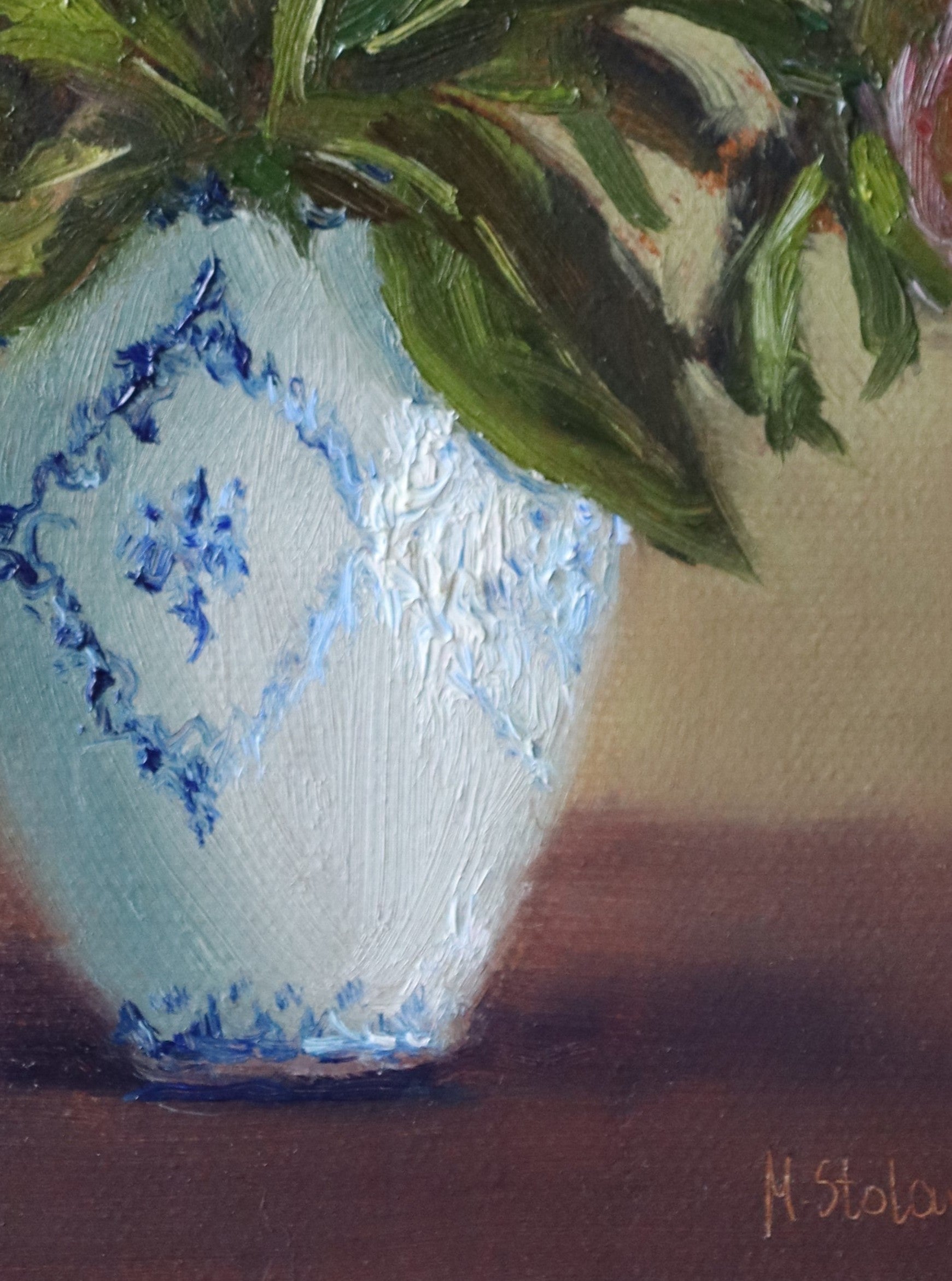 Original oil painting of five pink peonies in a white vase with blue design, at different stages of bloom
