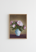 Painting of pink peonies  and a white and blue vase on a table. Original oil painting of five pink peonies in a white vase with blue design, at different stages of bloom