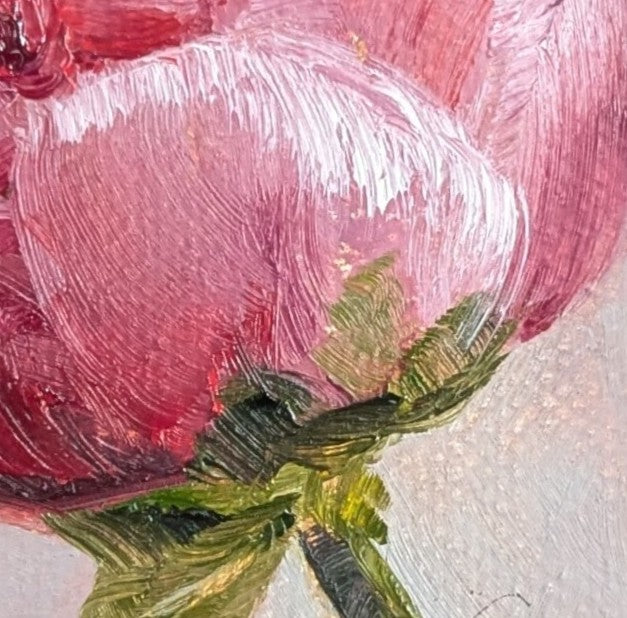 Close-up of a pink flower with green leaves on a textured surface. Original oil painting of a single peony flower, lush petals in a floral still life by Marta Stolarska