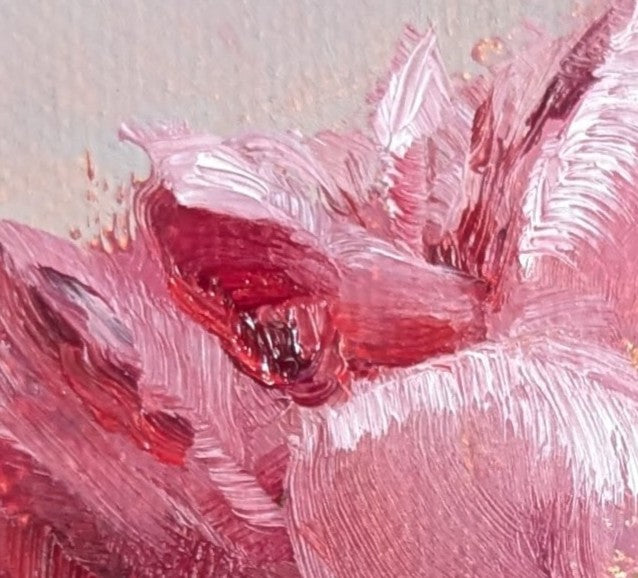 Original oil painting of a single peony flower, lush petals in a floral still life by Marta Stolarska