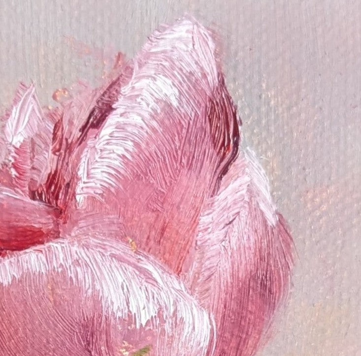 Original oil painting of a single peony flower, lush petals in a floral still life by Marta Stolarska
