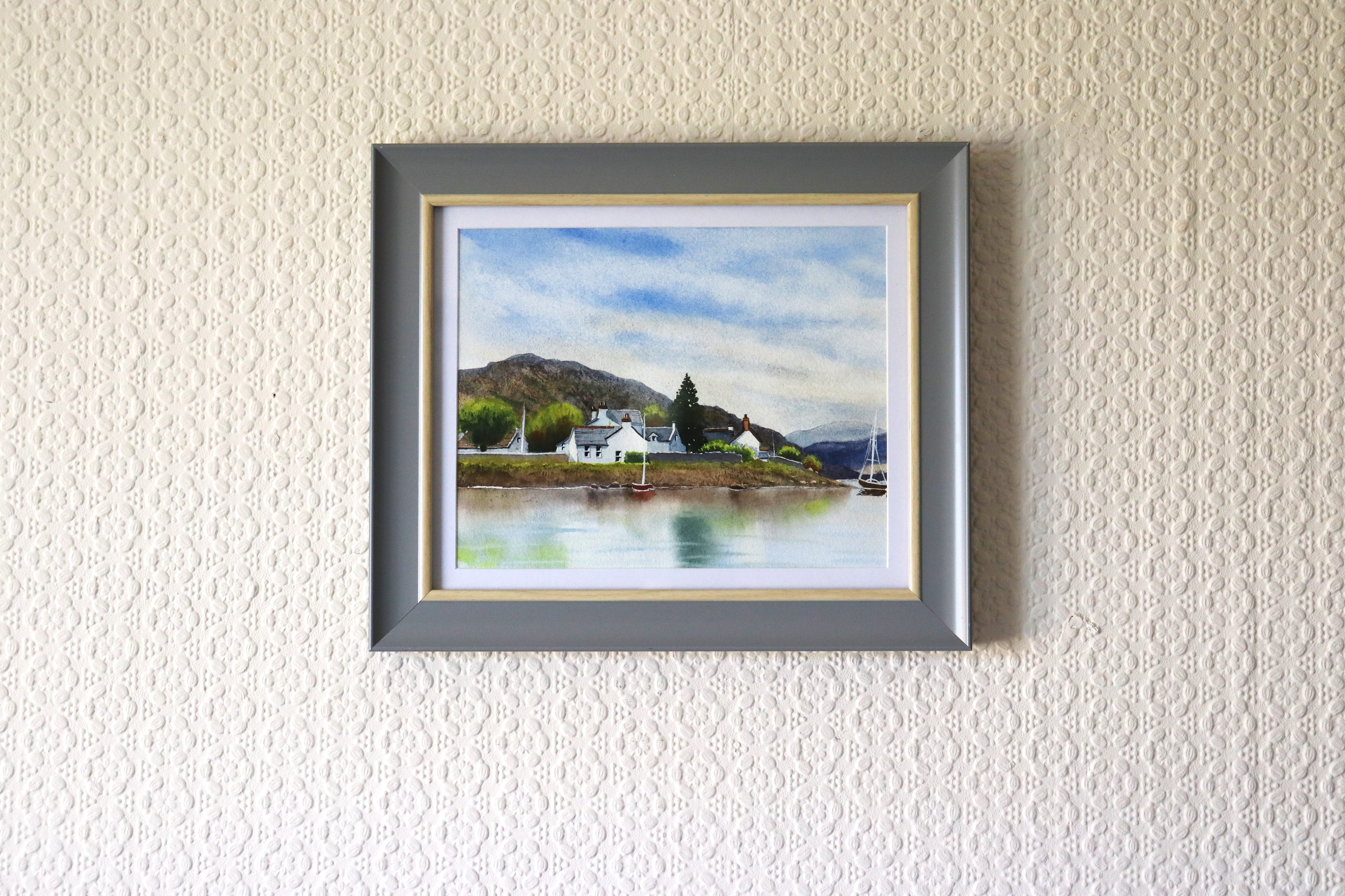 Plockton Village original watercolour framed in grey wooden frame with natural wood bevel and glass, matted, 28x33.5cm - Marta Stolarska Art Studio