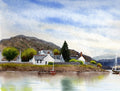 Original watercolour painting of Plockton Village, Scotland - white cottages, Highland mountains and two boats on the loch, painted on Saunders Waterford paper by Marta Stolarska
