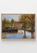 Painting of a village scene with a canal and trees. Original painting of Pulls Ferry Norwich, historic watergate on the River Wensum