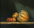 Still life painting of pumpkins on a dark background. chiaroscuro