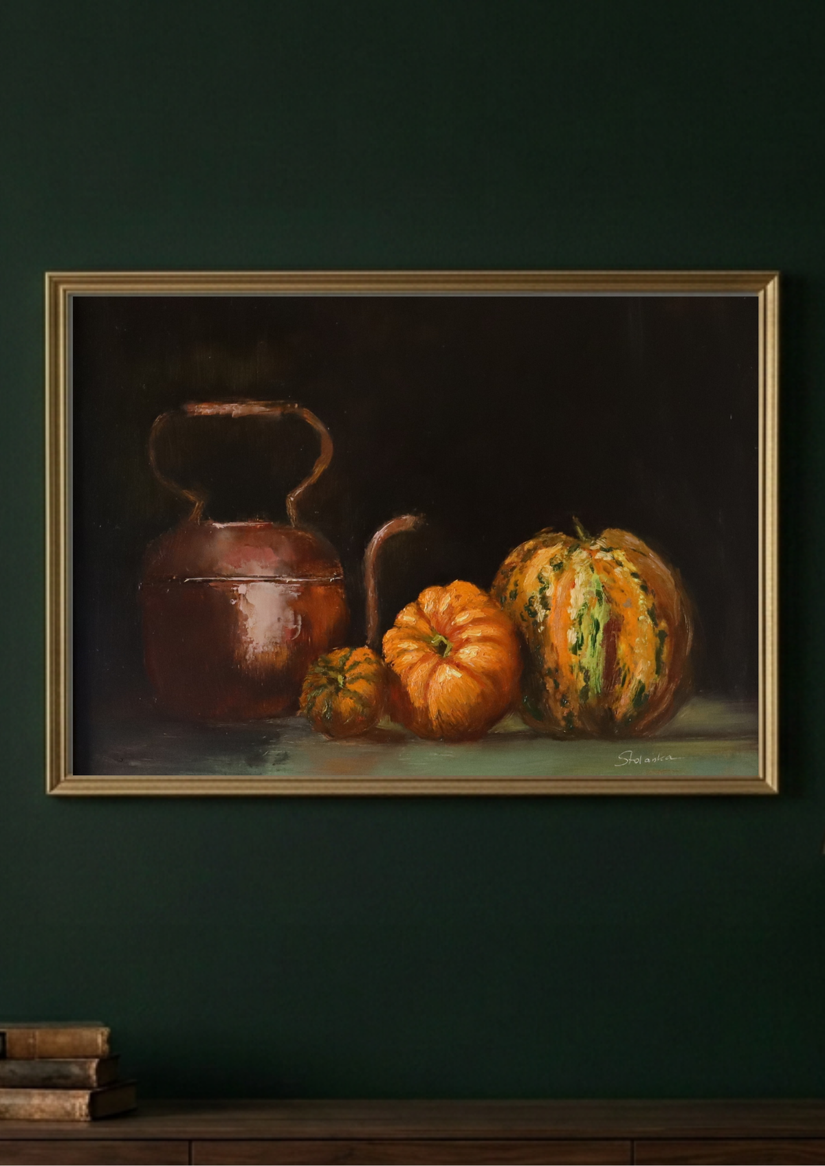 Still life painting with a copper kettle  and pumpkins on a dark background. Chiaroscuro sculptural techniques.