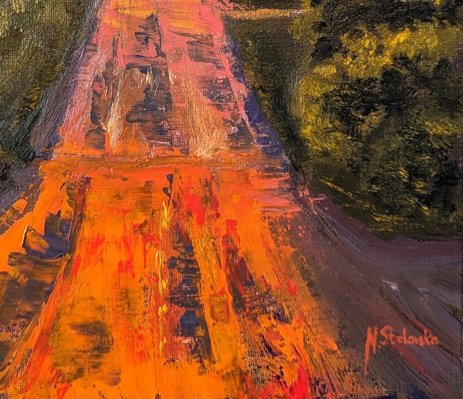 Original oil painting of a wet road glowing with reflected sunset colours after rain, imagined landscape, framed