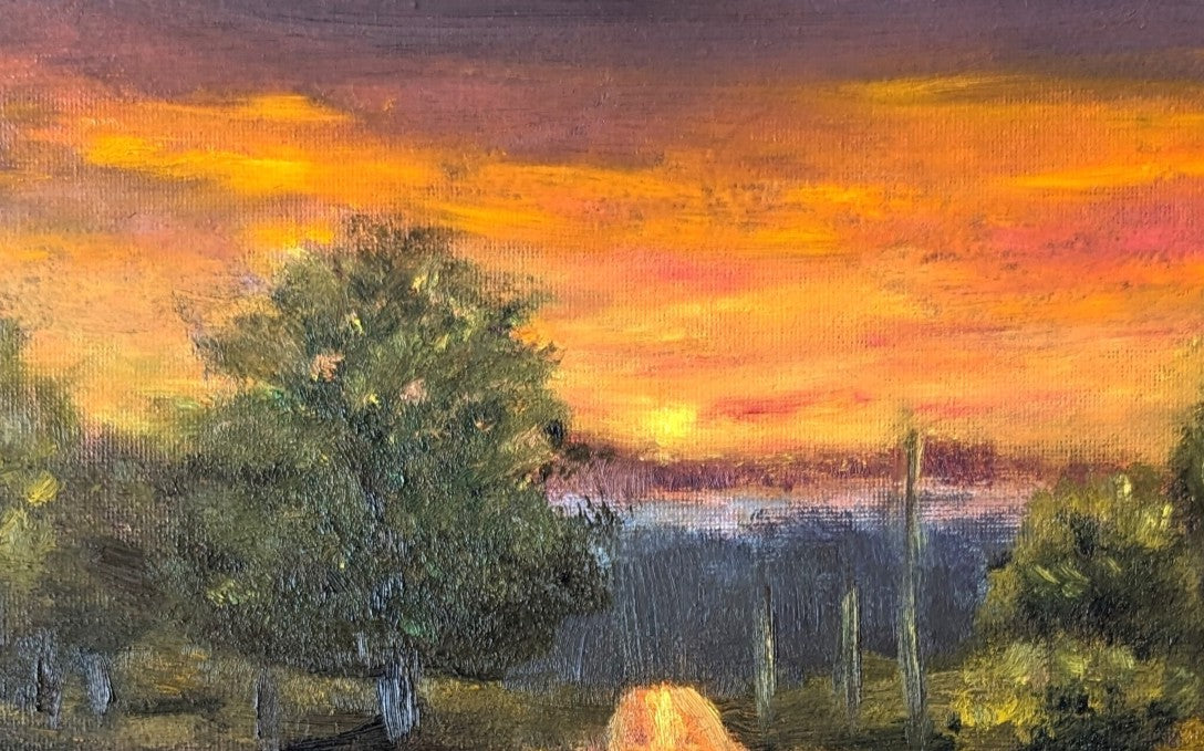 Surreal landscape with a large tree and a colorful sky. part of Original oil painting of a wet road glowing with reflected sunset colours after rain, imagined landscape, framed