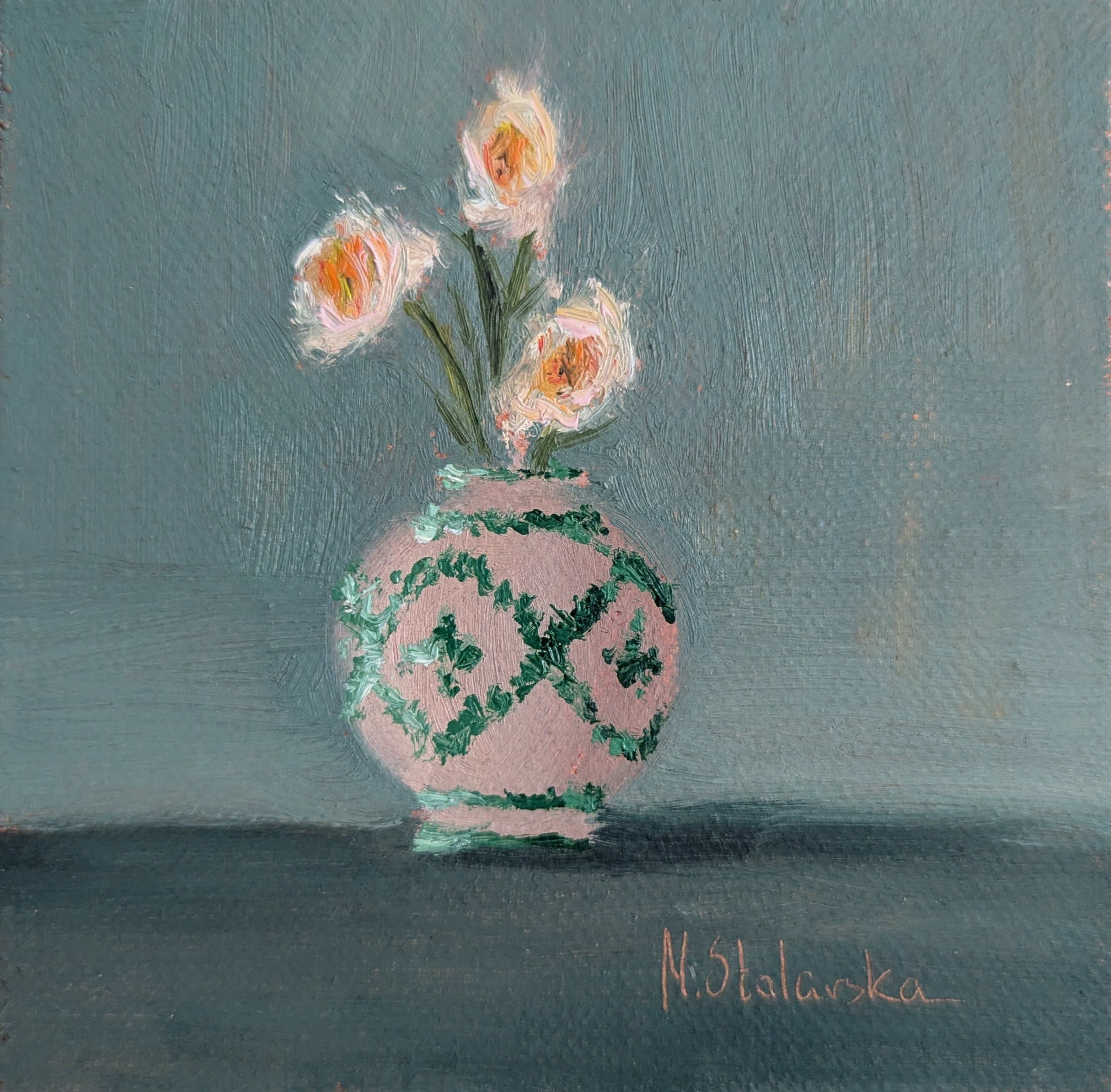 Original oil still life painting with green design, decorative vessel with green tones by Marta Stolarska