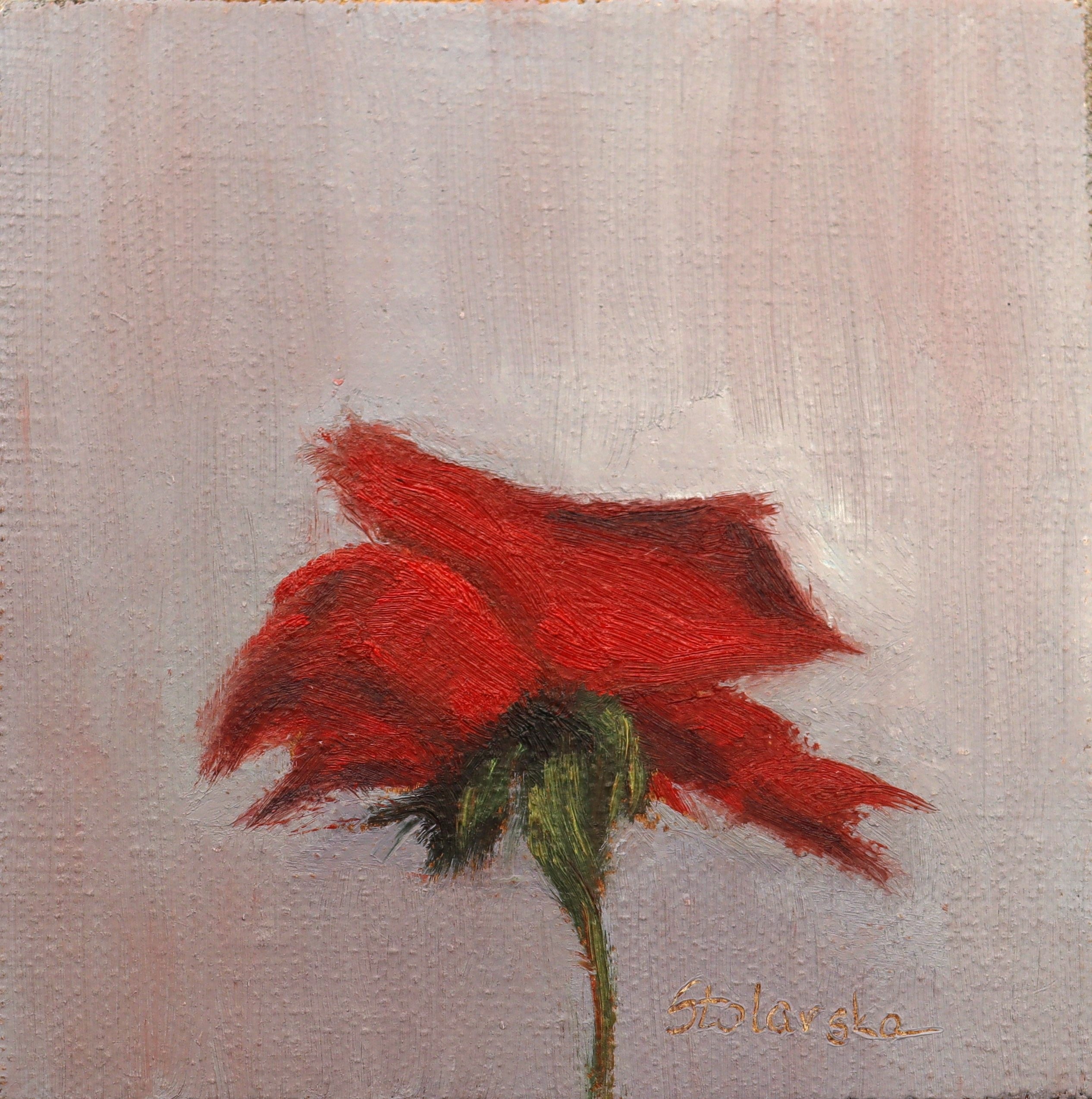 Original oil painting of a red rose, classic floral still life on handmade linen board by Marta Stolarska