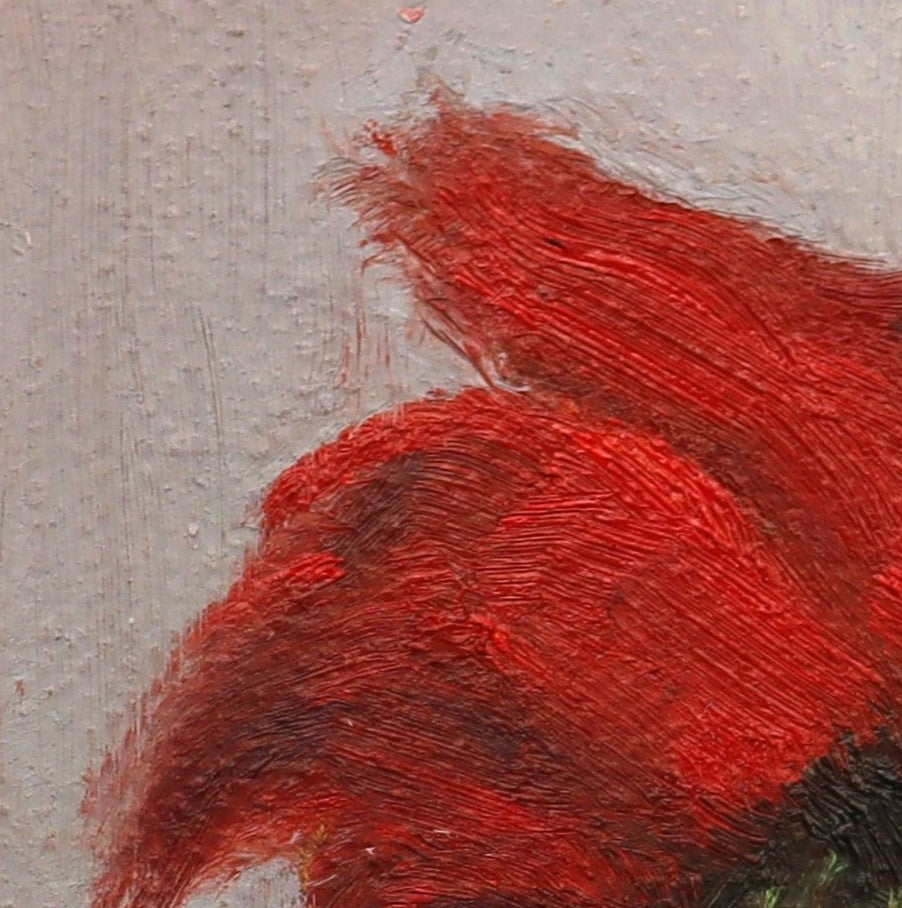 Original oil painting of a red rose, classic floral still life on handmade linen board by Marta Stolarska