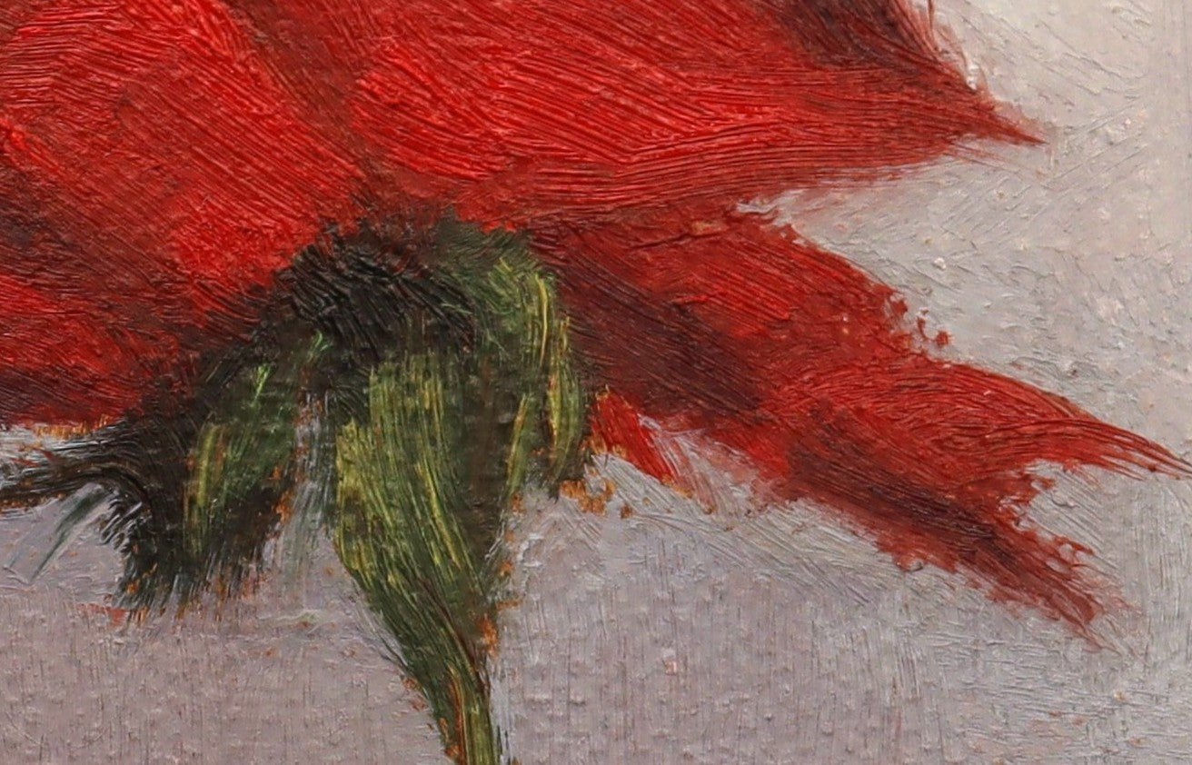 Original oil painting of a red rose, classic floral still life on handmade linen board by Marta Stolarska