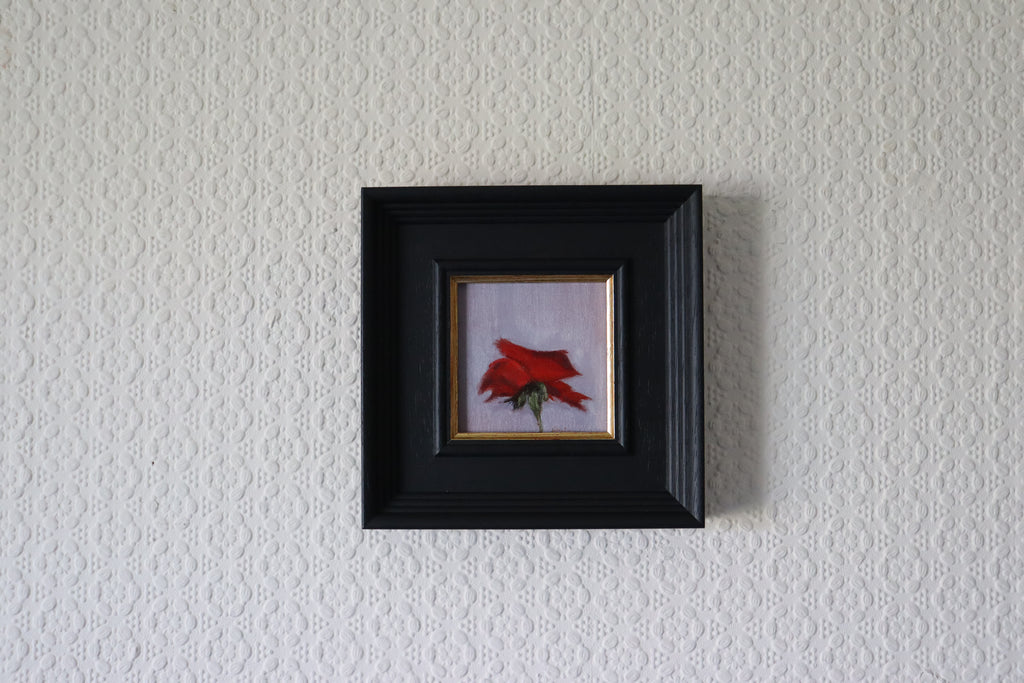 Framed Original oil painting of a red rose, classic floral still life on handmade linen board by Marta Stolarska