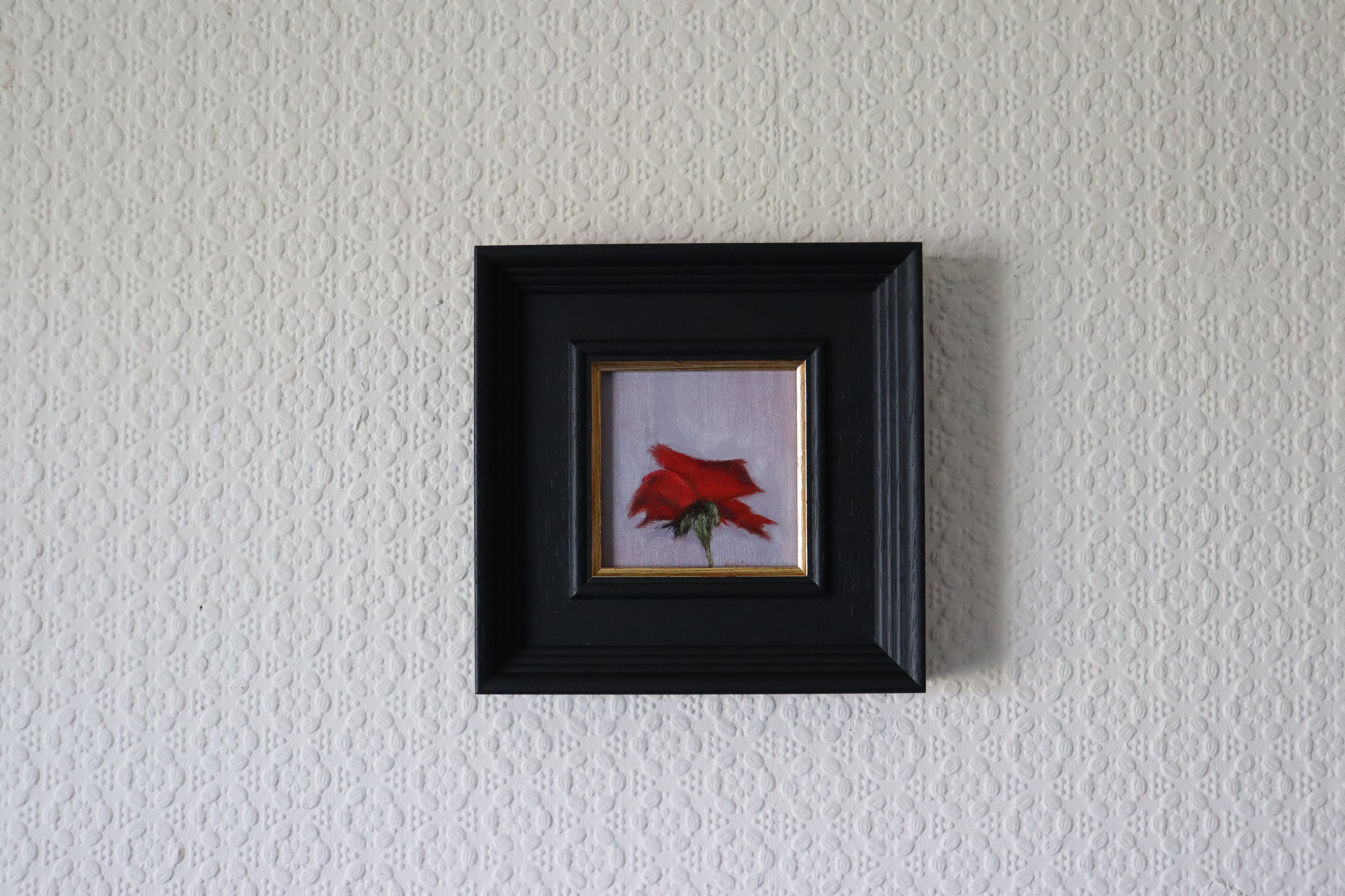Framed Original oil painting of a red rose, classic floral still life on handmade linen board by Marta Stolarska
