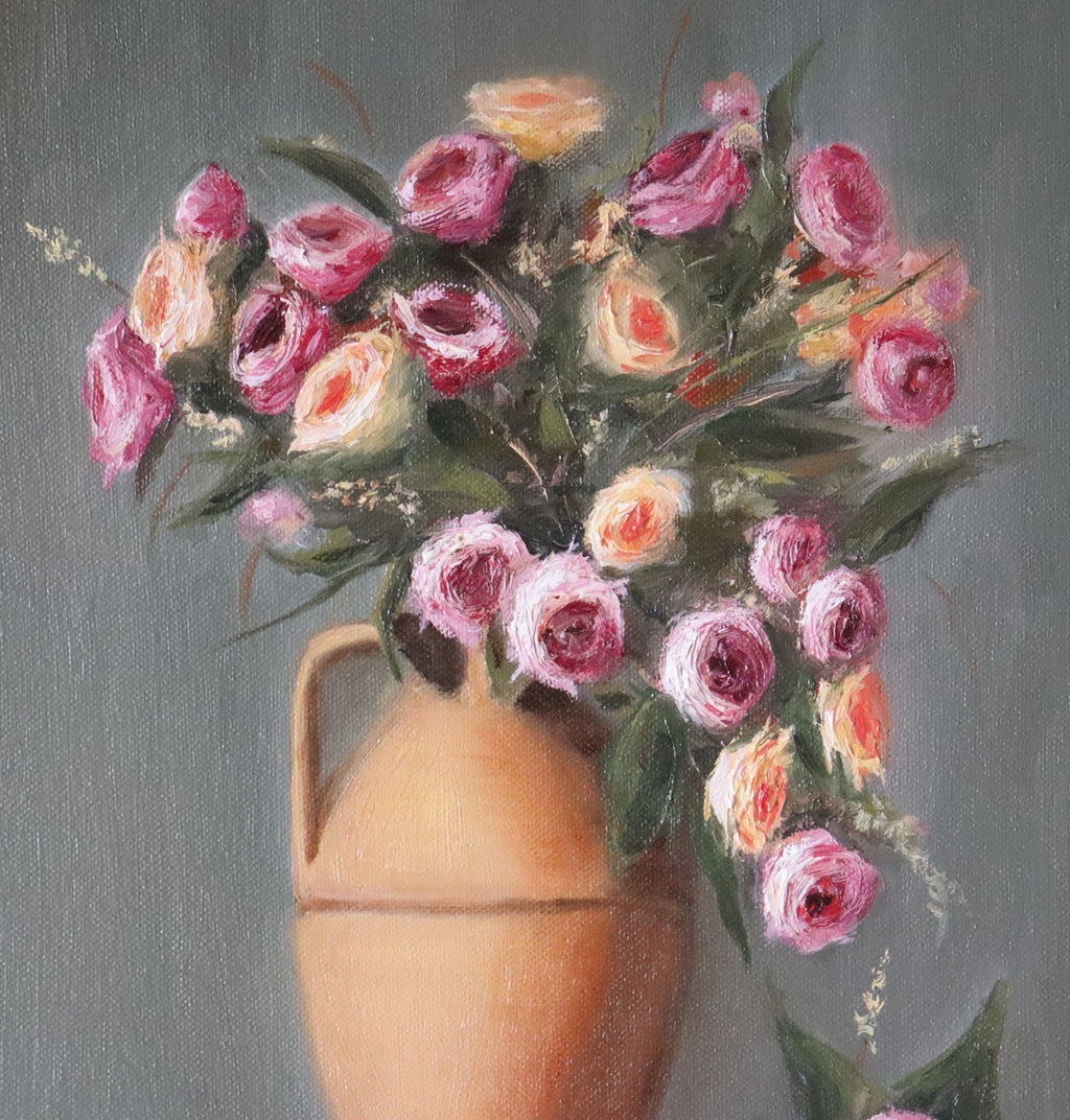 Close-up detail of Rose Magic oil painting - patio roses and terracotta vase, showing brushwork and texture by Marta Stolarska