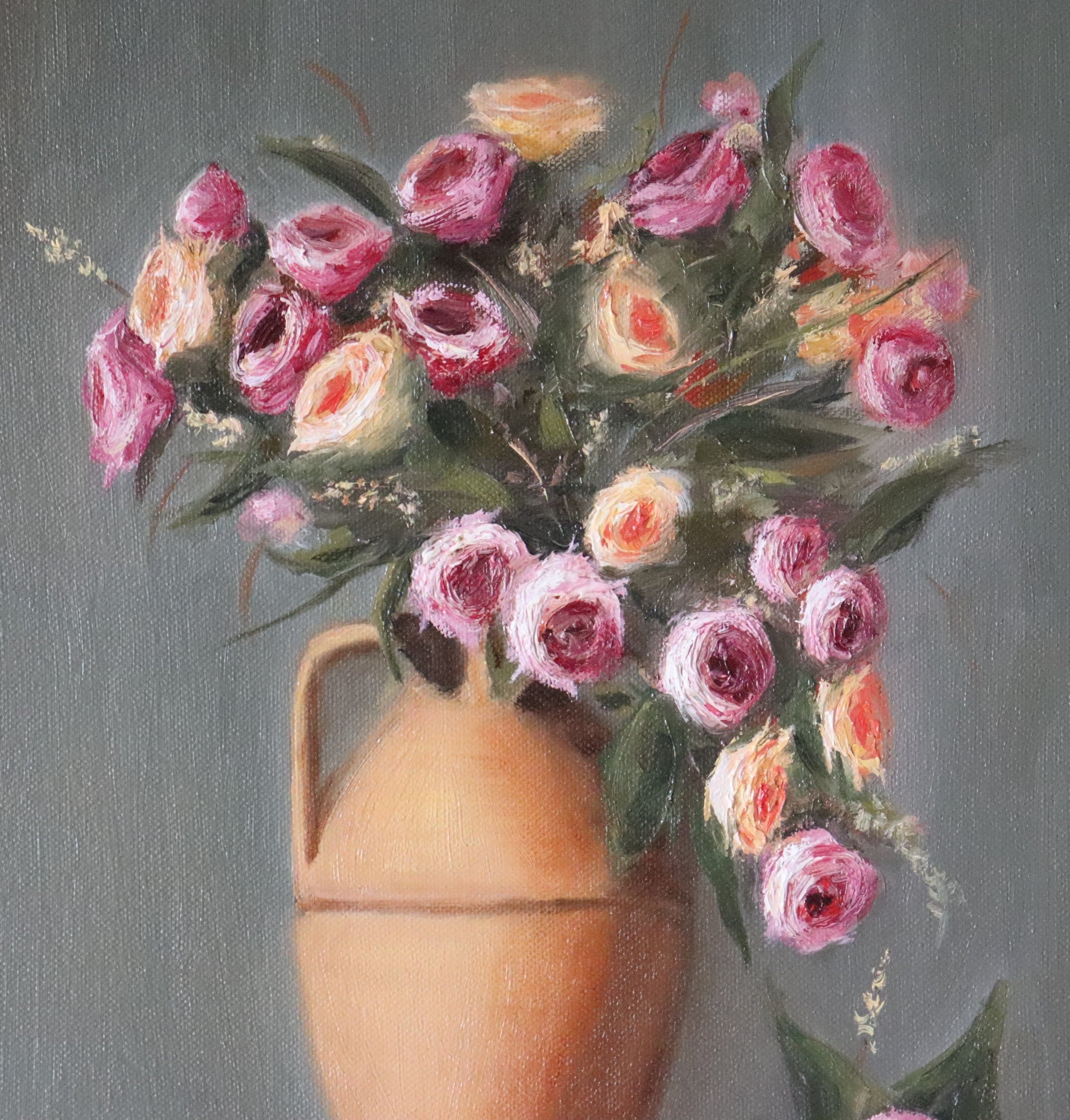 Close-up detail of Rose Magic oil painting - patio roses and terracotta vase, showing brushwork and texture by Marta Stolarska
