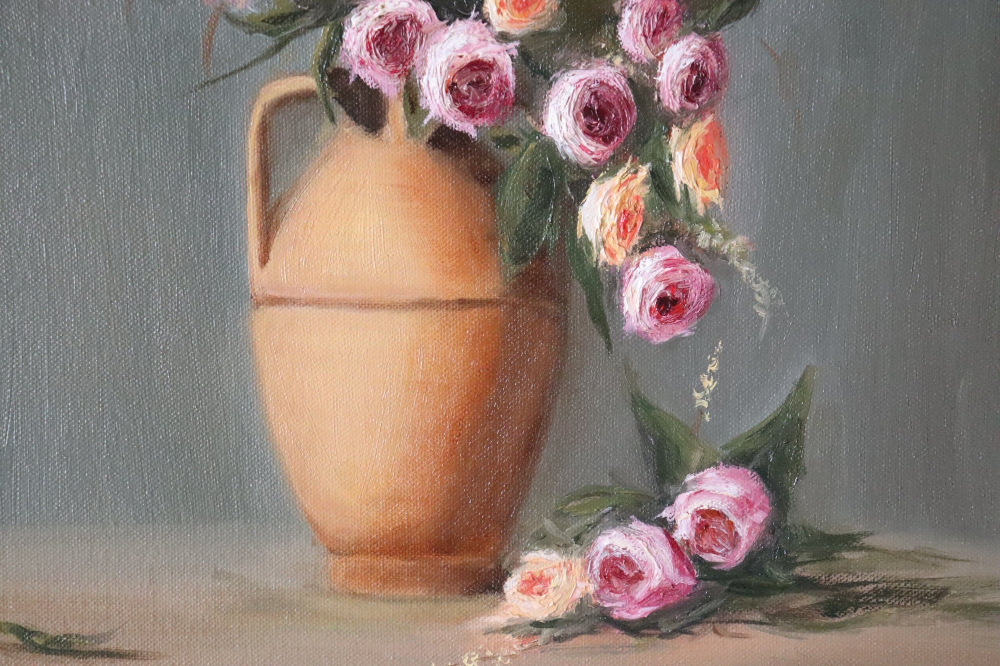 Detail of Rose Magic original oil painting - fallen rose petals on table, painted in oil by Marta Stolarska
