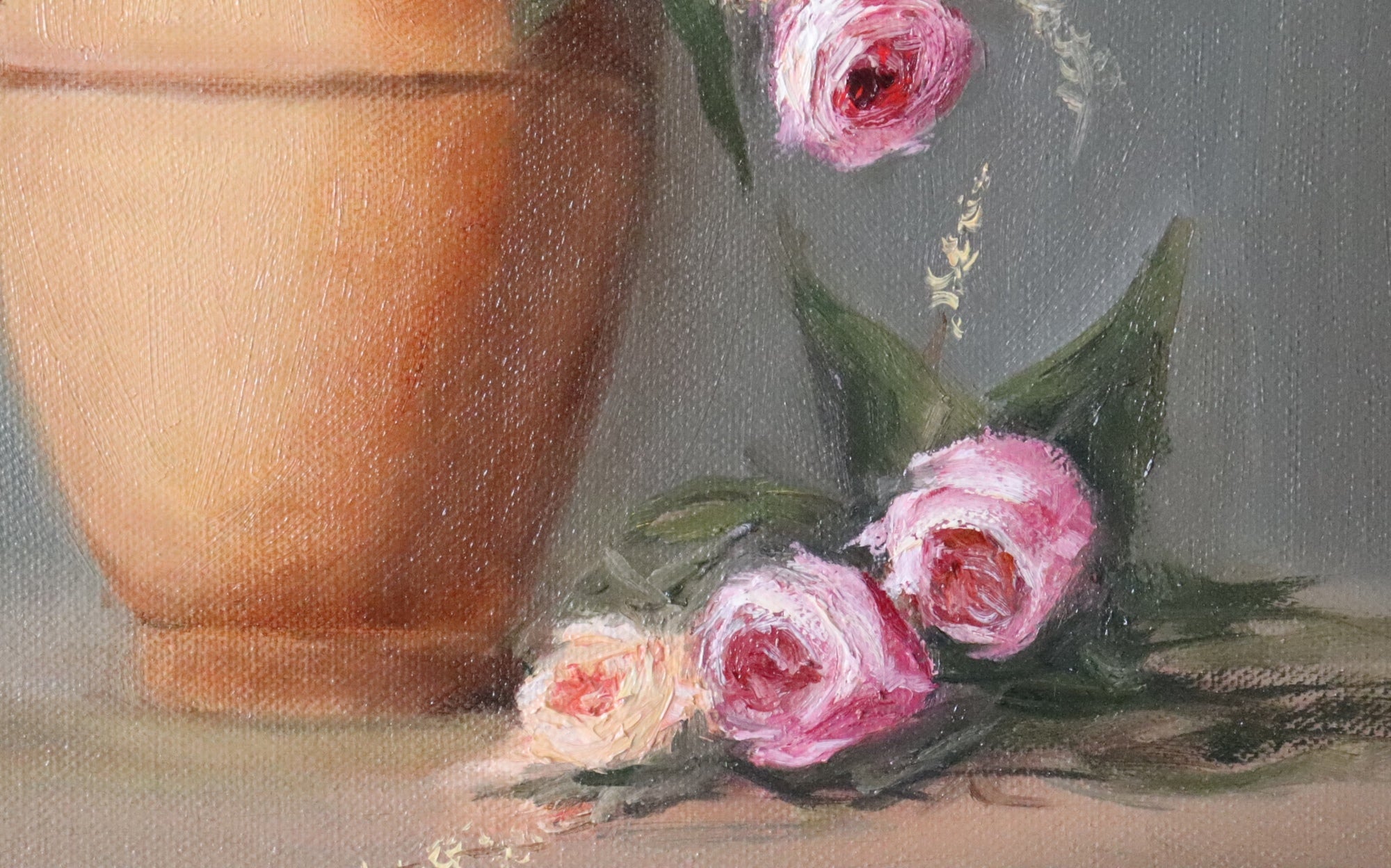 Detail of Rose Magic oil still life - light moving across roses and terracotta vase, original painting by Marta Stolarska