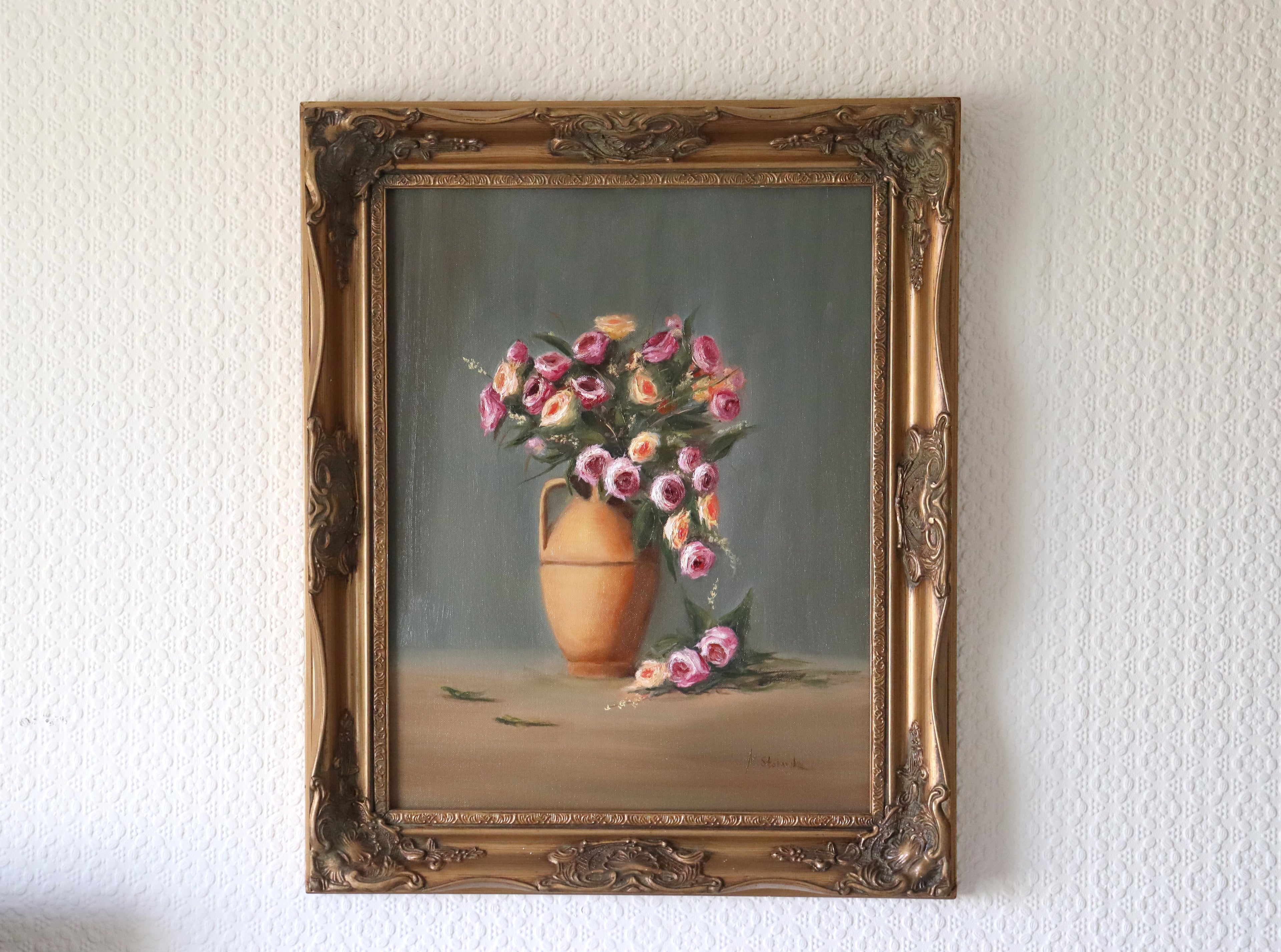 Rose Magic original oil painting in ornate gold frame, 57x47cm - patio roses still life by Marta Stolarska, ready to hang