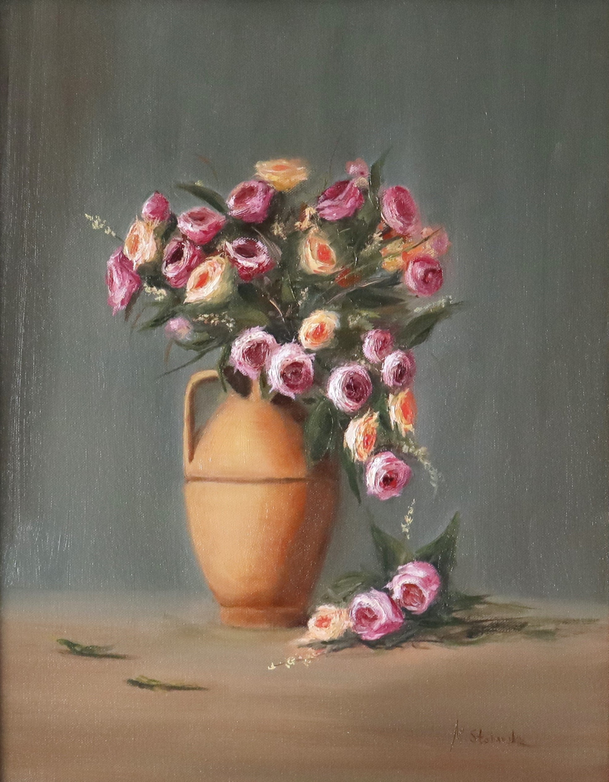 Original oil painting Rose Magic by Marta Stolarska - patio roses in a terracotta vase with fallen petals, light moving across the composition, 50x40cm on handmade canvas board