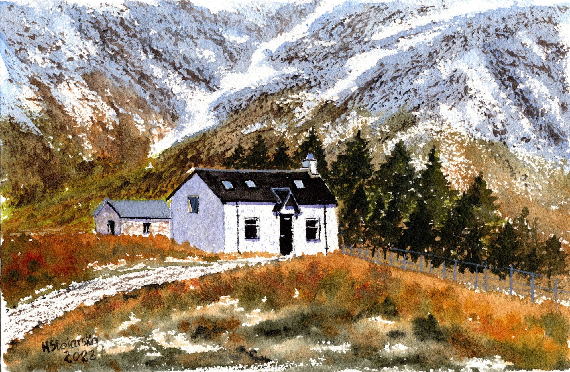 Original watercolour painting of Lagangarbh Cottage Glencoe in autumn, snow-capped Buachaille Etive Mor behind, framed