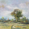 Small Marsh Study - original oil painting of Oulton Marshes, Suffolk, in early spring with a winding path, trees and church tower in warm breezy light. Oil on cradled wooden panel, 4.7 x 4.7 inches, by Marta Stolarska.