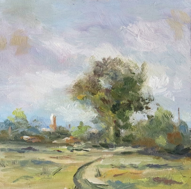 Small Marsh Study - original oil painting of Oulton Marshes, Suffolk, in early spring with a winding path, trees and church tower in warm breezy light. Oil on cradled wooden panel, 4.7 x 4.7 inches, by Marta Stolarska.
