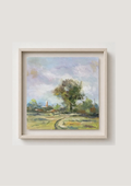 Small Marsh Study - original oil painting of Oulton Marshes, Suffolk, in early spring with a winding path, trees and church tower in warm breezy light. Oil on cradled wooden panel, 4.7 x 4.7 inches, by Marta Stolarska.