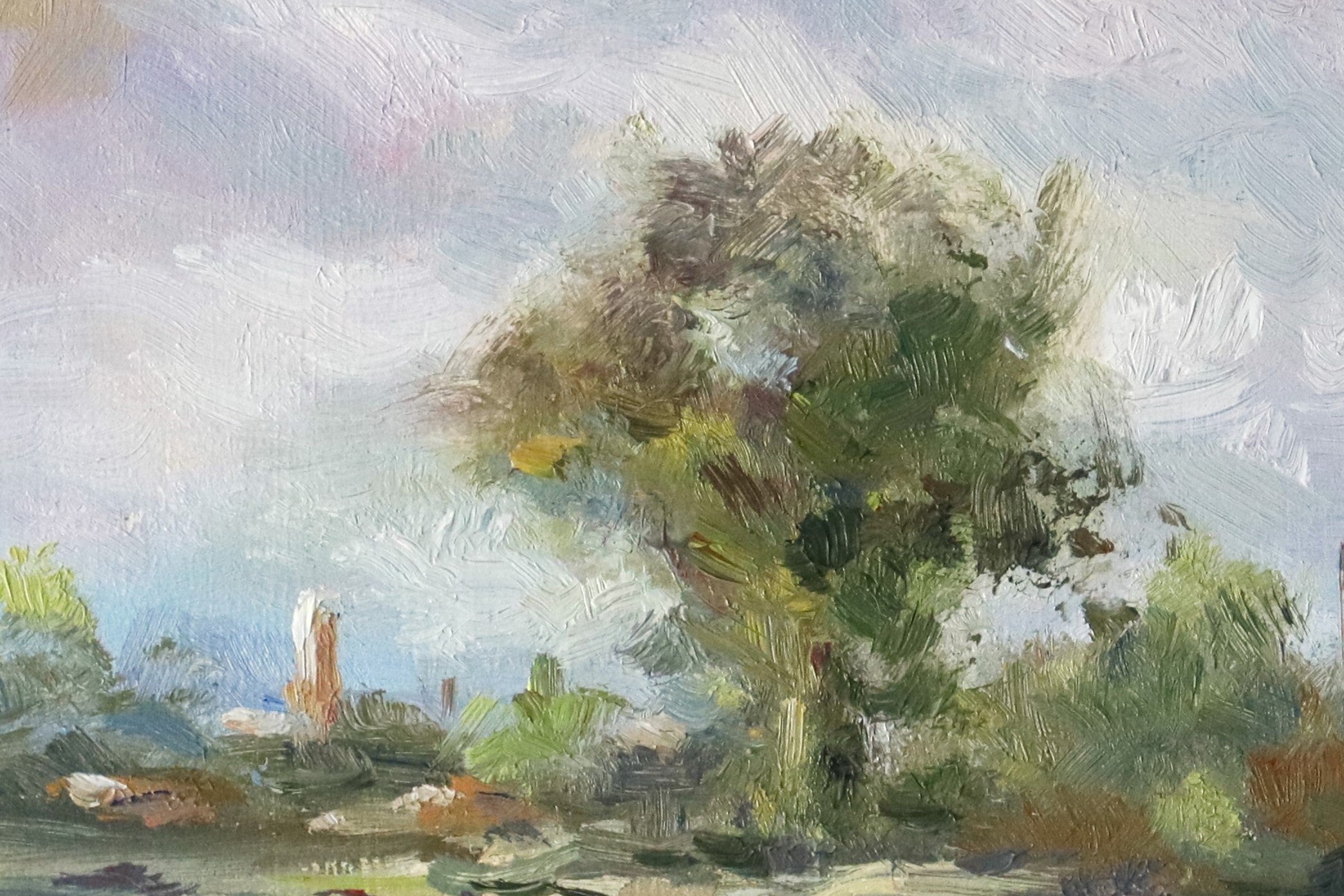 Close-up detail of Small Marsh Study original oil painting, showing brushwork and texture of the spring marsh landscape. Oil on cradled wooden panel by Marta Stolarska.