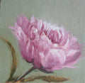 Painting of a pink flower on a green background. Original oil painting of a soft camellia flower, delicate layered petals in quiet elegant still life