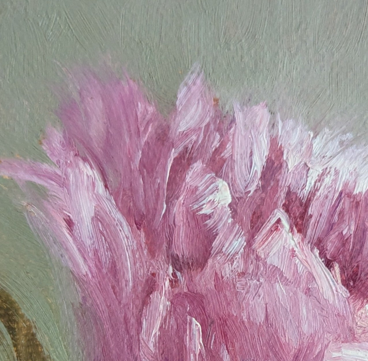 Painting of a pink flower on a green background. Original oil painting of a soft camellia flower, delicate layered petals in quiet elegant still life