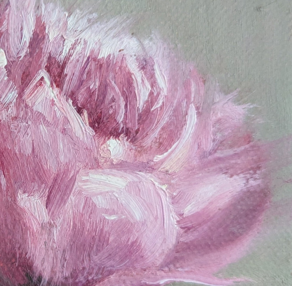 Painting of a pink flower on a green background. Original oil painting of a soft camellia flower, delicate layered petals in quiet elegant still life