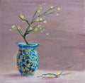 Painting of a blue vase with floral design and branches on a textured purple background.Original oil painting of Sparkly Joy, sparkling blue vase with yellow flowers catching the light