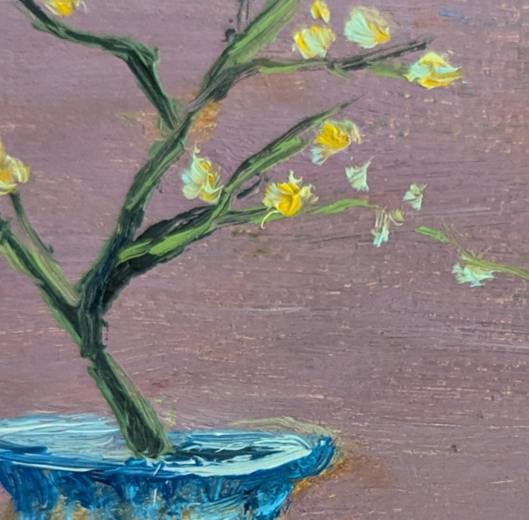 Artistic depiction of a plant in a blue pot on a textured brown background. Original oil painting of Sparkly Joy, sparkling blue vase with yellow flowers catching the light