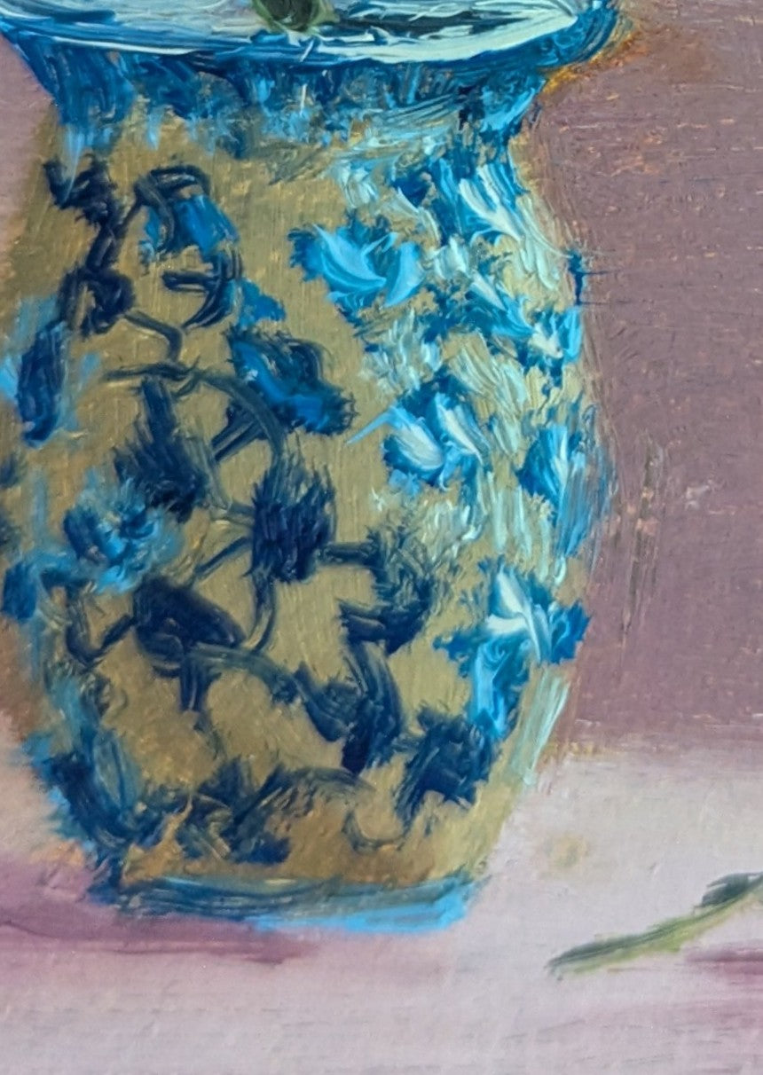 Artistic depiction of a blue and gold vase with floral patterns on a textured background. Original oil painting of Sparkly Joy, sparkling blue vase with yellow flowers catching the light